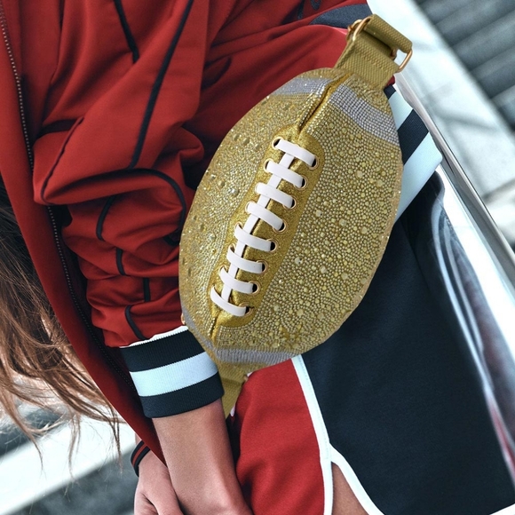 Gold Bling Studded Football FannyPack Sling Bag Statement Womens Accessory - Picture 1 of 5